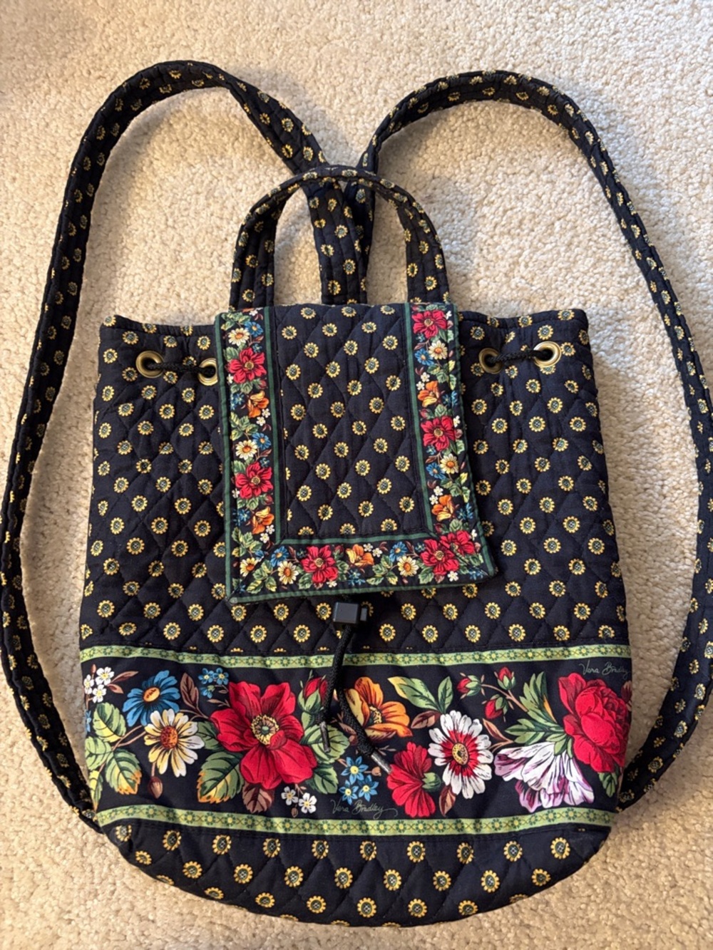 Vintage Vera Bradley Villager Vibrant Black Floral Quilted Backpack Drawstring